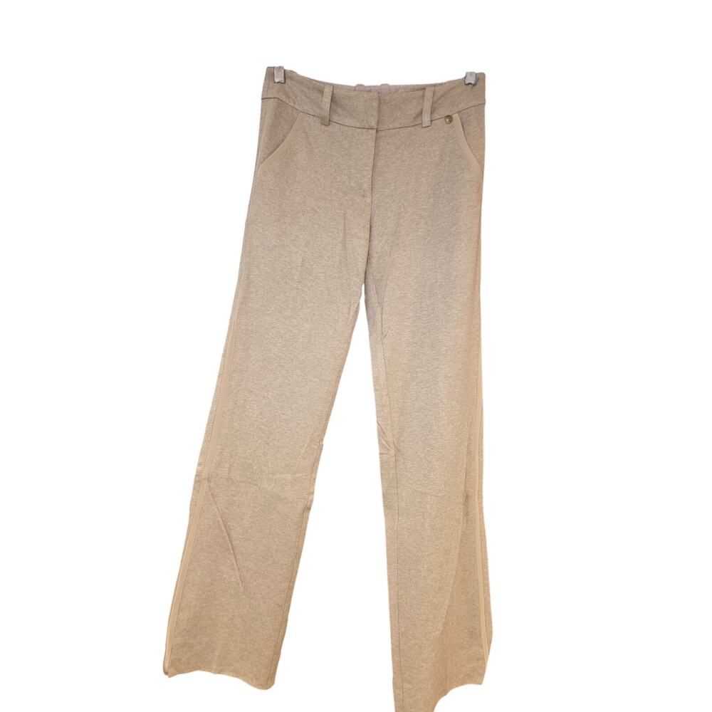 EUC Trina Turk tan, skinny pants, faux pockets, stripe on leg, 1in hem sz S